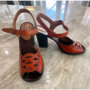 Corelli Orange peach Brown Leather Sandals chunky heel.